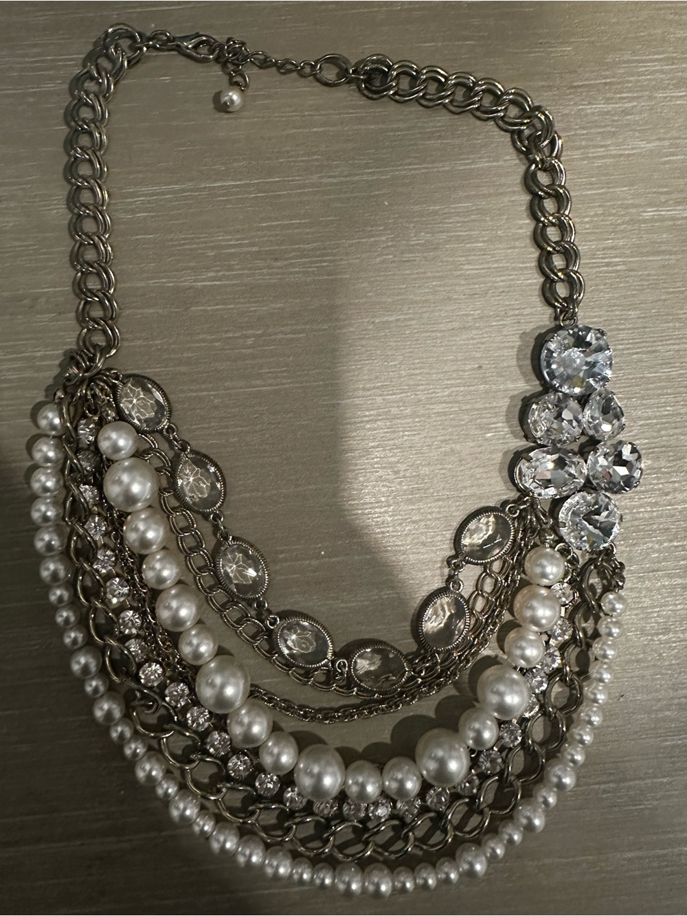 Multi-Strand Silver Pearl Statement Necklace - Cream Pearls